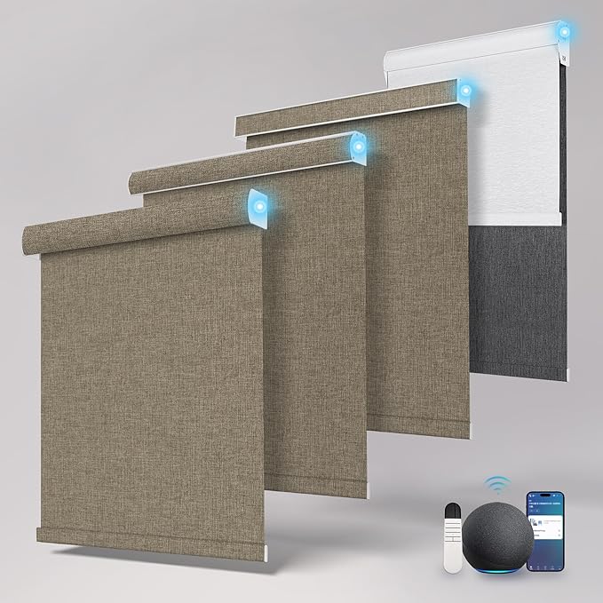 BERISSA Motorized Blinds with Remote,Blackout Smart Roller Shades with App,Voice Control,Linen Fabric,Thermal Insulated Automatic Blinds,Electric Shades with USB/Solar Pannel.Linen Brown