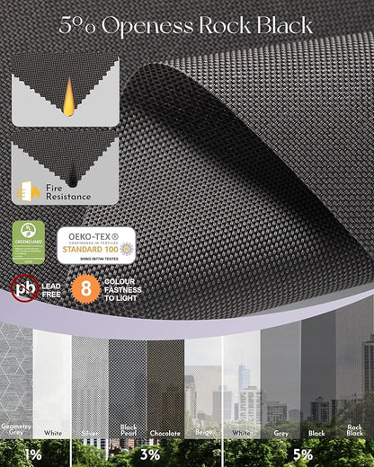 Graywind Motorized Solar Shades Light Filtering Mesh Shade Compatible with Alexa Google Remote Control Window Blinds with Valance for Smart Home Office Business, Custom Size (5% Openness Rock Black)