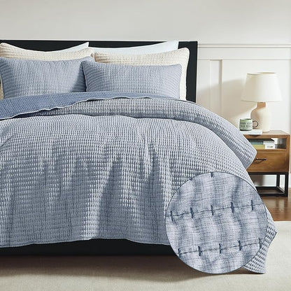 WDCOZY Chambray Pick Stitch Queen Size Quilt Set, Denim Blue Striped Lightweight Soft Summer Spring Bedspread, Bamboo Linen Like Textured Coverlet, Farmhouse Country Rustic Bedding, Thin Comforter