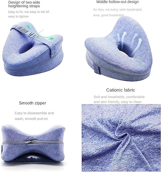 Leg Pillow for Side Sleepers, Memory Foam Knee Pillow with Elastic Strap, Contoured Leg Cushion for Hip & Spine Alignment, Comfort Support Pillow for Sleeping, Home, Office - Grey