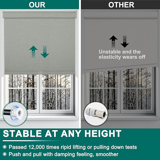 BERISSA Cordless Blackout Roller Shades for Windows,Free-Stop Linen Fabric Windows Blinds with Cassette Valance,Thermal Insulated UV Protection Roller Blinds for Home Office. Grey.54 W x 48" H