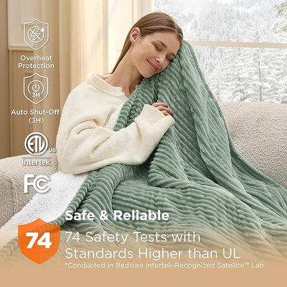 Bedsure GentleSoft Heated Blanket Throw - Soft Ribbed Flannel Electric Blanket, Heating with 4 Time Settings, 6 Heat Settings, and 3 hrs Timer Auto Shut Off, Gifts for Grandma (50x60 inches, Green)