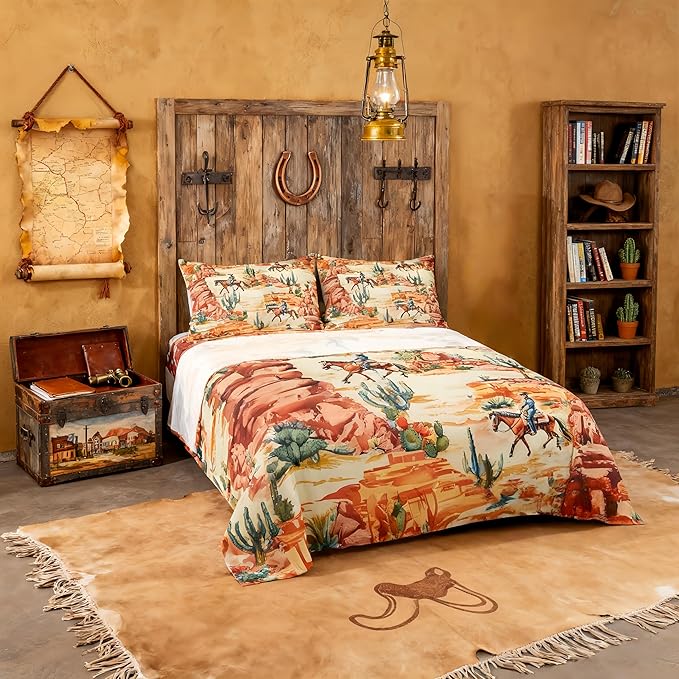 Manfei Western Cowboy Bed Sheets Queen Size,Cactus Desert Southwest Country Bedding Set, Boho Rustic Farmhouse Boys Girls Room Decor,Orange Green Sheet(Fitted+Flat+2 Pillowcases)