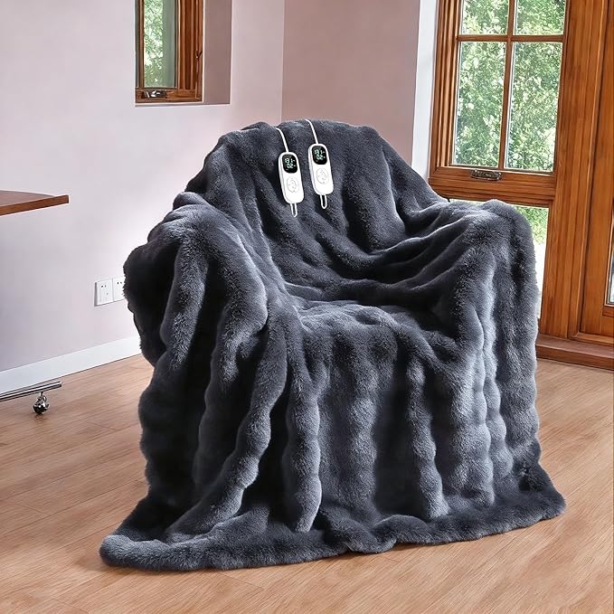 IUUI Electric Heated Blanket Queen 84''x90'',Luxury Faux Rabbit Fur Heating Throw Blankets,Fast Heating with 1/2/4/6/8/10 Hours,Overheat Protection, Quick Heating, Memory Function, Gift-Ready Design