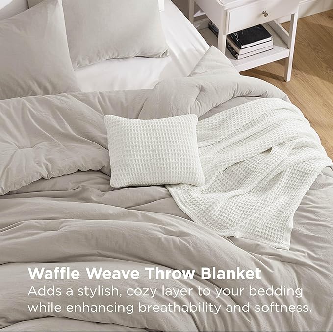 Bedsure 5 Pieces Cotton Comforter Set with Waffle Throw Blanket - Soft Breathable Bedding Set for All Seasons, Beige Comforter Full Size, Pillow Shams, White 100% Cotton Blanket, Throw Pillow