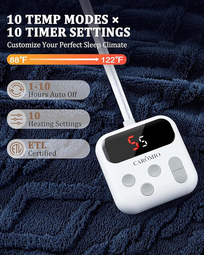 CAROMIO Electric Blanket Twin Size - Thick Tufted Sherpa Heated Blanket Twin with 10 Heating Levels and 10 Time Settings, ETL Certified Machine Washable Fast Heating Blanket Twin 62"×84", Navy Blue