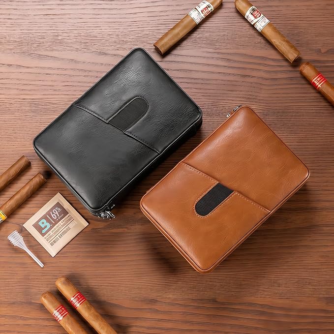 Cigar Humidor Box, Cedar Wood Lined Leather Cigar Case Build in Hygrometer and Humidifier, Travel Cigar humidor kit, Cigar Accessories Set for Man.