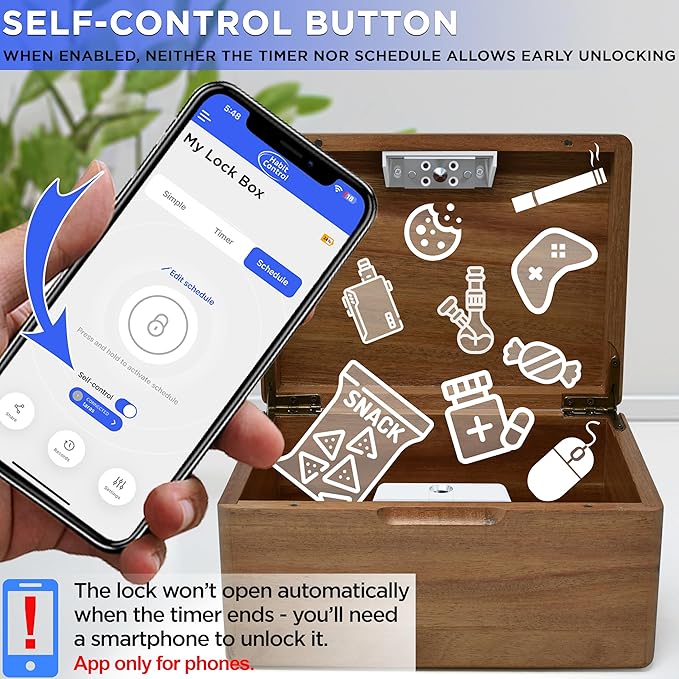 Lock Box with Timer - App Small Timed Lockbox Self Control, Schedule and Simple Lock, Time Release Safe Locking Container for Snacks, Candy, Cookie, Medication, Electronic Devices Kids