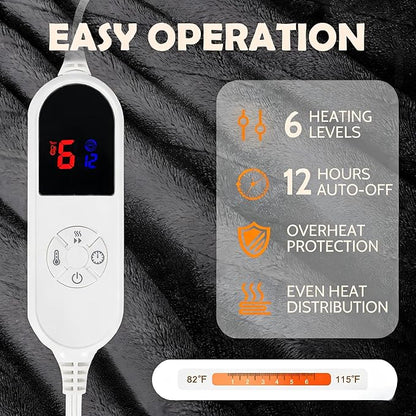 Wearable Heated Blanket, 40"x70" Eletric Throw with 6 Heating Levels and 12 Hours Timer, Heated Wrap Poncho Shawl & Hoodies with Pockets, Machine Washable with ETL Certification, Gray
