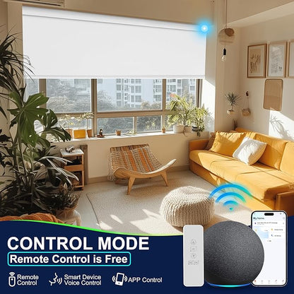 BERISSA Motorized Blinds with Remote,Blackout Smart Blinds for Windows,Linen Fabric,Remote Control,Customized Automatic Shades,Electric Shades with USB/Solar Pannel.White