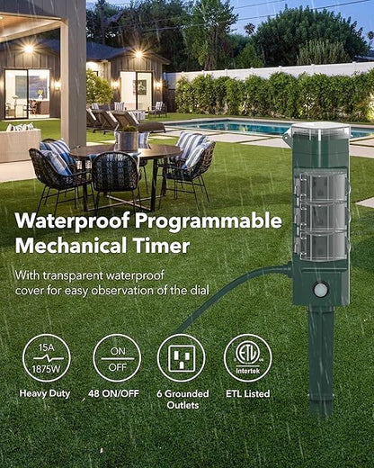 HBN 24 Hour Mechanical Outdoor Tmer for Lights Waterproof,6 Outlets Power Yard Stake for Halloween/Christmas Decorations,Outside Power Strip for Yard Garden,6 ft Extension Cord,1875W/15A