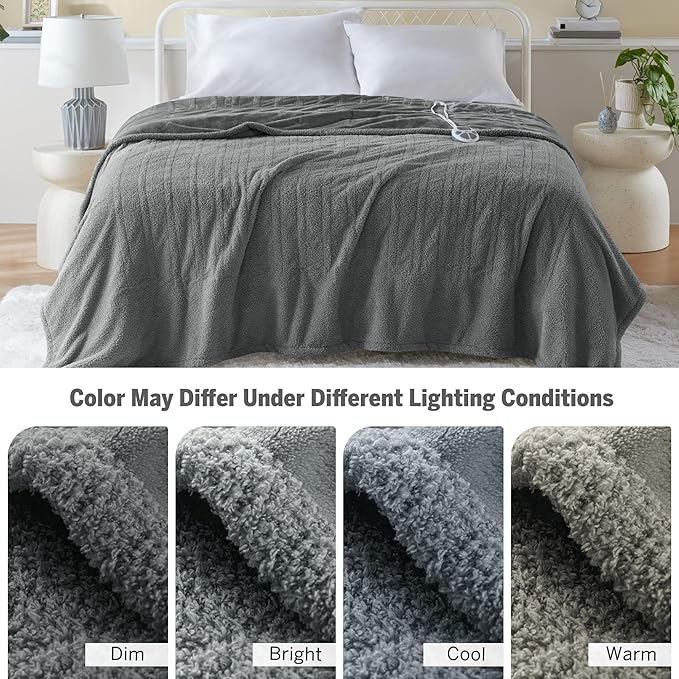 Serta Heated Blanket, Electric Twin Size Blanket, Soft, Warm, Fuzzy Heating Blanket Twin for Office, Couch, 1-12 hr Auto Shut Off Timer, 10 Lv Heat Setting, ETL Certified, Twin 62" x 84" Grey