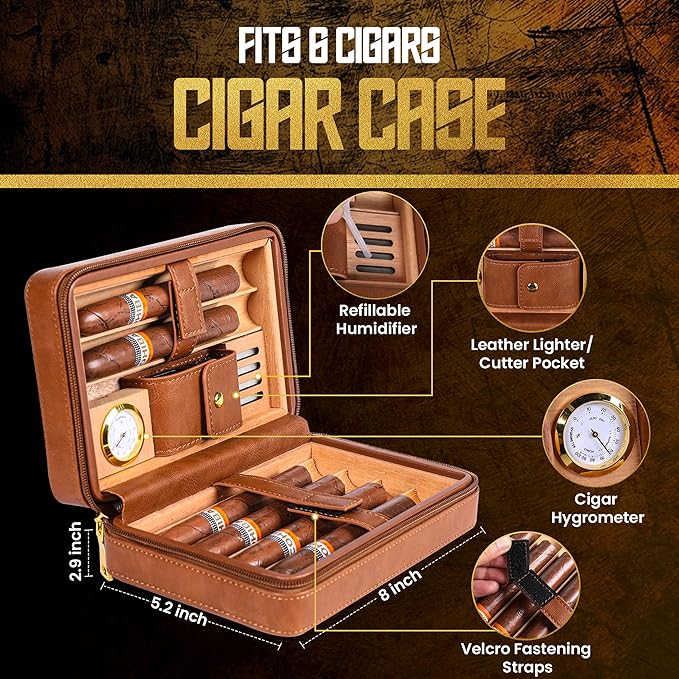 Cigar Humidor Case, Leather Cedar Wood Cigar Box with Built in Hygrometer and Humidifier, 3 in 1 Cigar Torch Lighter, V Cut and Punch Cutter, Portable Cigar Travel Humidor Kit for Men (Brown)