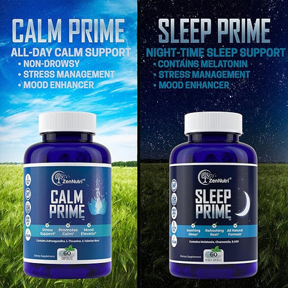 Sleep Prime Vegan Natural Sleep Aid for Adult Extra Strength - Deep Sleep Supplement - Herbal Sleeping Pill - Stress Relief - Melatonin, GABA - 60 Veggie caps