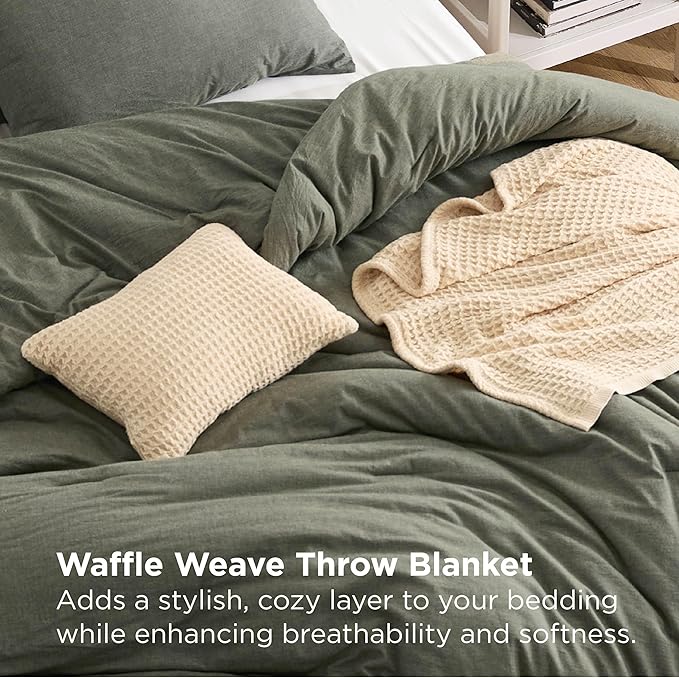 Bedsure 5 PCS Cotton Comforter Set with Waffle Throw Blanket - Breathable Bedding Set for All Seasons, Olive Green Comforter King Size, Pillow Shams, Beige 100% Cotton Blanket, Throw Pillow