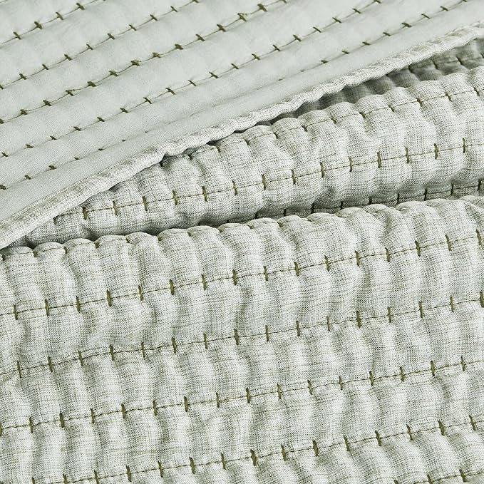 WDCOZY Sage Green Pick Stitch Queen Size Quilt Set, Striped Lightweight Soft Summer Spring Bedspread, Bamboo Linen Like Textured Coverlet, Chambray Farmhouse Country Rustic Thin Bedding Comforter