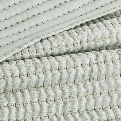 WDCOZY Sage Green Pick Stitch Queen Size Quilt Set, Striped Lightweight Soft Summer Spring Bedspread, Bamboo Linen Like Textured Coverlet, Chambray Farmhouse Country Rustic Thin Bedding Comforter