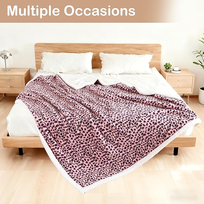 Electric Heated Blanket Throw Size 50"×60" with 9 Heating Levels & 1-10 Hs auto Off, Heating Throw Double Sided Sherpa, Energy Efficient, Machine Washable, Leopard Print Pink & Purple