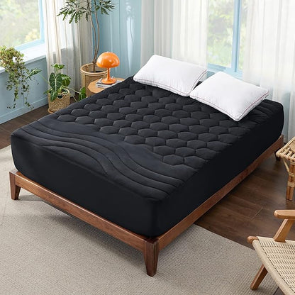 Bedsure Black Full Size Mattress Pad - Quilted Fitted Mattress Topper Protector with 8-21 Inches Deep Pocket, Noiseless Breathable Bed Cover Padded, Machine Washable, Black, 54x75 Inches