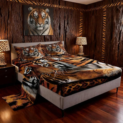 Manfei Tiger 3D Print Sheet Set Full Wild Animals Bedding for Kids Teens Room Decor,Animal Fur Soft Bed Sheet Set 4pcs with Deep Pocket Fitted Sheet + Flat Sheet + 2 Pillowcases