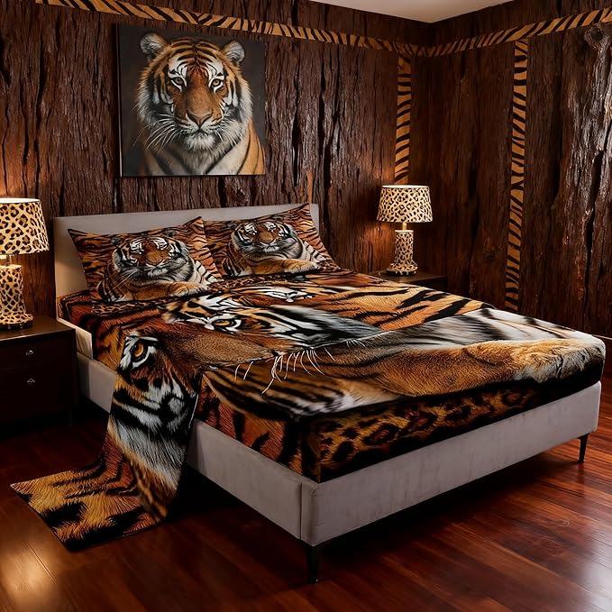 Manfei Tiger 3D Print Sheet Set Twin Wild Animals Bedding for Kids Teens Room Decor,Animal Fur Soft Bed Sheet Set 3pcs with Deep Pocket Fitted Sheet + Flat Sheet + 1 Pillowcase