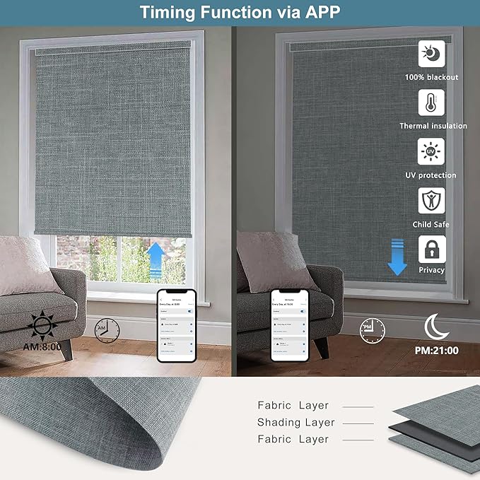 Bringnox Motorized Blinds with Remote,100% Blackout Smart Roller Blinds Compatible with Apple Homekit Google Home and Alexa Via HUB,and Customized (Bouvardia Medium Grey-18)