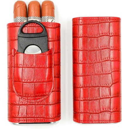 Red Cigar Case with Cutter - Portable Leather Travel Cigar Holder and Small Humidifier Kit for Women