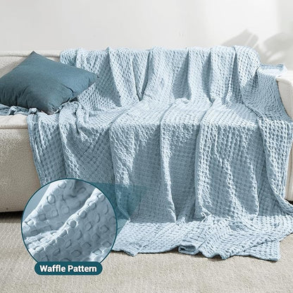 Aganear Waffle Blanket - Lightweight Breathable Summer Blanket of 50% Cotton and 50% Rayon Derived from Bamboo for Hot Sleepers Luxury Throws for Bed, Couch and Sofa,Blue,90x90 Inches