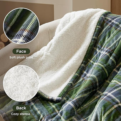Woolrich Heated Throw Blanket with Ultra Soft Plush and Sherpa Reverse, 12 Heat Settings, Auto Shut-Off, Farmhouse & English Country Gift Throw – Green Plaid Pattern, 50"x60"