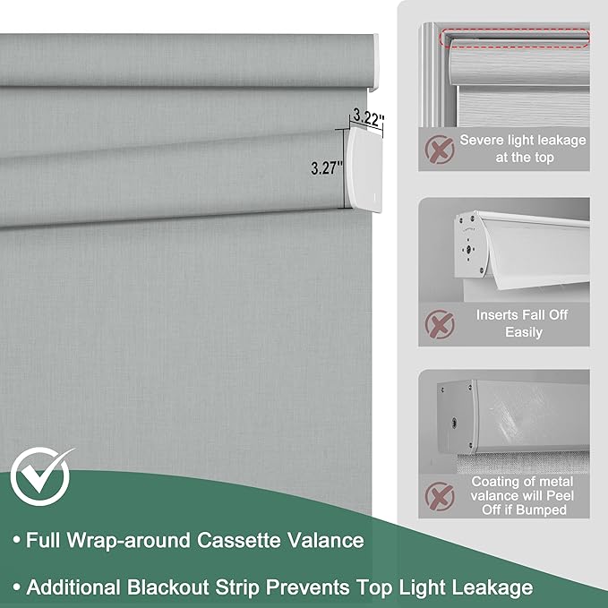 BERISSA Cordless Blackout Roller Shades for Windows,Free-Stop Linen Fabric Windows Blinds with Cassette Valance,Thermal Insulated UV Protection Roller Blinds for Home Office.Custom Color.Custom Size
