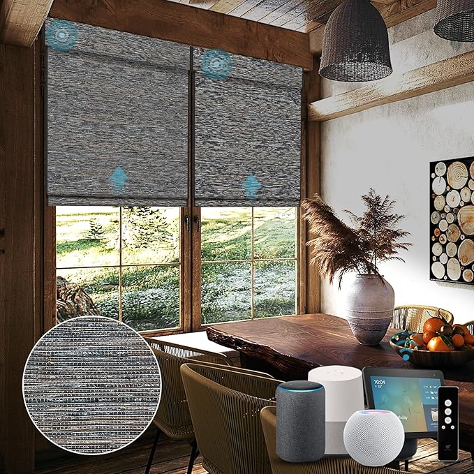 SmartWings Motorized Natural Woven Wood Shades for Windows Work with Matter Thread Homekit Z-Wave Alexa Google, 50%/70%/100% Blackout Electric Auto Roman Shades Cordless Remote Customized, Linen 007