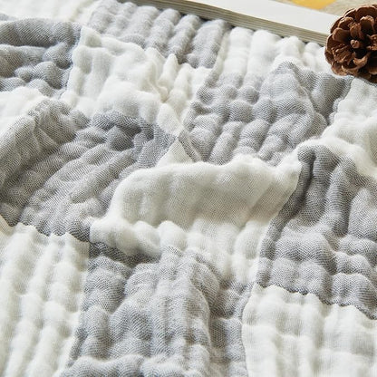 EMME Checkered Throw Blanket Cotton for Couch Soft Muslin Blankets 50"x60" Lightweight Breathable Cooling Soft All Season Gauze, Light Grey