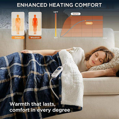 Woolrich Heated Throw Blanket with Ultra Soft Plush and Sherpa Reverse, 12 Heat Settings, Auto Shut-Off, Farmhouse & English Country Gift Throw – Navy Plaid Pattern, 50"x60"