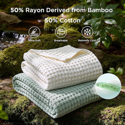 Bedsure Cooling Cotton Waffle Weave Blanket - Lightweight Breathable Blanket of Rayon Derived from Bamboo for Hot Sleepers, Luxury Throws for Bed, Couch and Sofa, Mint Green, 50x70 Inches