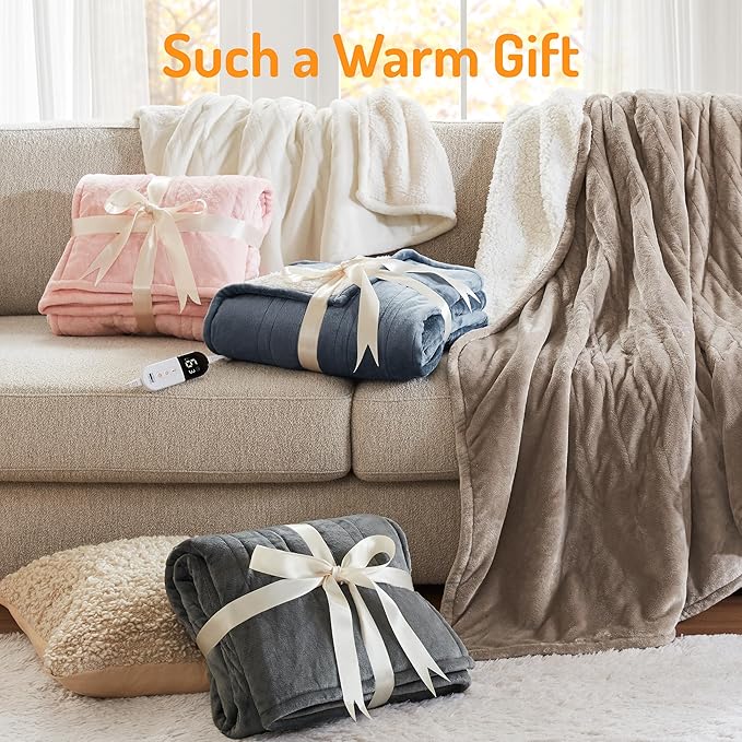 Degrees of Comfort Electric Blanket Twin Size - Soft Sherpa Flannel Heated Blankets - 6 Heat Settings, 10-Hour Auto Shut-Off, Overheat Protection, Etl Certified - 62x84'', Ivory