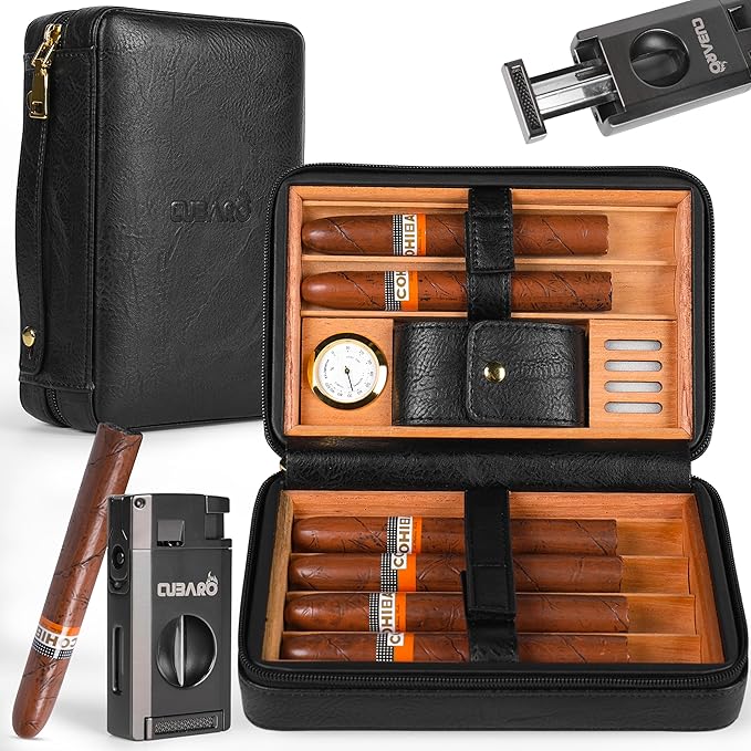 Cigar Humidor Case, Leather Cedar Wood Cigar Box with Built in Hygrometer and Humidifier, 3 in 1 Cigar Torch Lighter, V Cut and Punch Cutter, Portable Cigar Travel Humidor Kit for Men (Black)