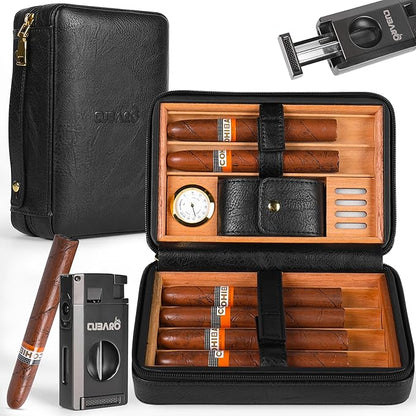 Cigar Humidor Case, Leather Cedar Wood Cigar Box with Built in Hygrometer and Humidifier, 3 in 1 Cigar Torch Lighter, V Cut and Punch Cutter, Portable Cigar Travel Humidor Kit for Men (Black)