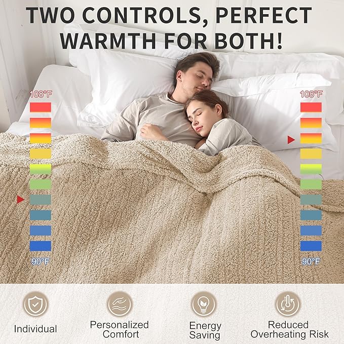 Dual Control Heated Blanket Queen Size 84"x90" - 5 Heat Settings 10H Auto Off Machine Washable - Romantic Gift for Couples, ETL Certified Safe, Milk Coffee