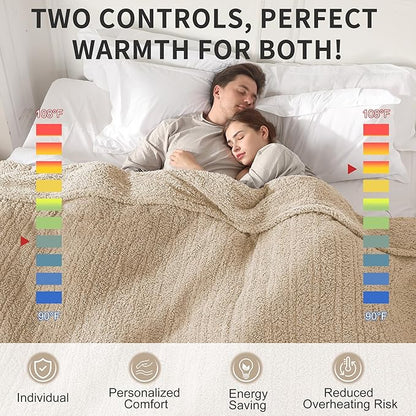 Dual Control Heated Blanket Queen Size 84"x90" - 5 Heat Settings 10H Auto Off Machine Washable - Romantic Gift for Couples, ETL Certified Safe, Milk Coffee
