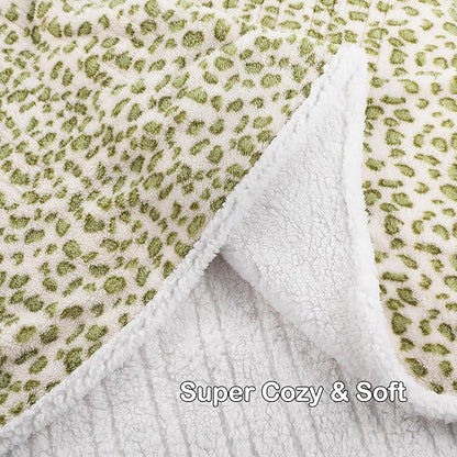 Electric Heated Blanket Throw Size 50"×60" with 9 Heating Levels & 1-10 Hs auto Off, Heating Throw Double Sided Sherpa, Energy Efficient, Machine Washable, Leopard Print Green & White