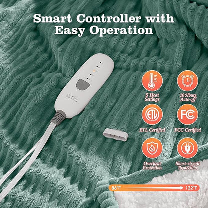Electric Blanket Twin Heated Blanket 62x84'', Soft Flannel & Sherpa Warming Blanket for Office with Fast Heating & Overheat Protection, Machine Washable Heating Blanket, Best Gift for Grandma (Green)