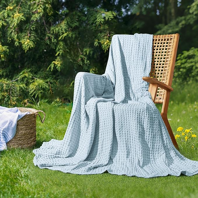 Aganear Waffle Blanket - Lightweight Breathable Summer Blanket of 50% Cotton and 50% Rayon Derived from Bamboo for Hot Sleepers Luxury Throws for Bed, Couch and Sofa,Blue,90x90 Inches