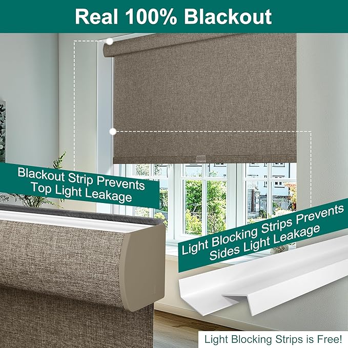 BERISSA Cordless Blackout Roller Shades for Windows,Free-Stop Linen Fabric Windows Blinds with Cassette Valance,Thermal Insulated UV Protection Roller Blinds for Home Office. Dark Brown.66 W x 72" H