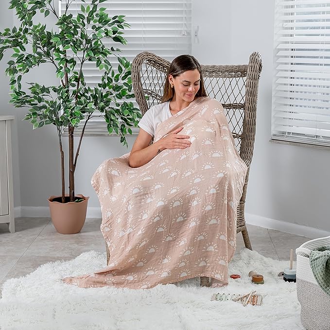 Comfy Cubs Muslin Swaddle Blankets Pack of 2, 47 x 47 Inch Soft Cotton Baby Blanket Set, Large Multipurpose Wraps for Newborns - Self-Soothing Swaddles for Newborns - Sun & Rainbow