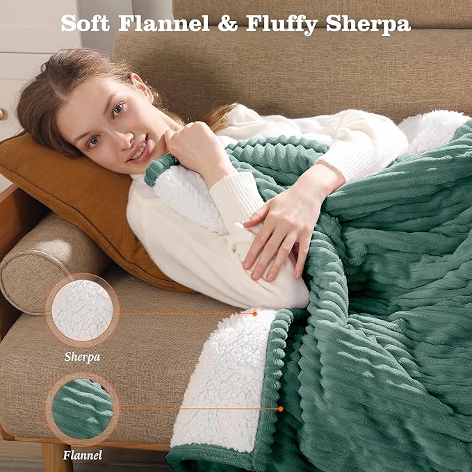 Heated Blanket Electric Throw 50"x60" Heating Blanket 450gsm Ribbed Flannel Sherpa Ultra-Soft with 5 Heating Levels and 4 Hour Auto Off, ETL & FCC Certified Electric Blanket, Great Winter Gift, Green