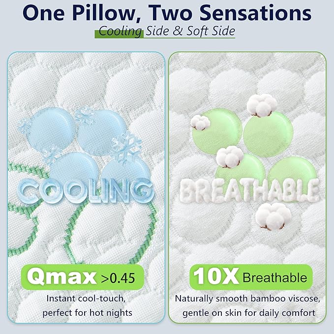 Cooling Pillows, Shredded Memory Foam Pillows Queen Size Set of 2 Adjustable Firm Bamboo Bed Pillows for Hot, Side, Back and Stomach Sleepers
