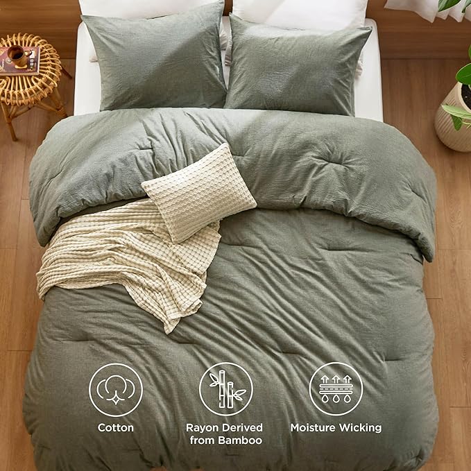 Bedsure 5 PCS Cotton Comforter Set with Cotton Waffle Throw Blanket - Olive Green Comforter Full Size, Pillow Shams, Beige Cooling Blanket of Rayon Derived from Bamboo for Hot Sleepers, Throw Pillow