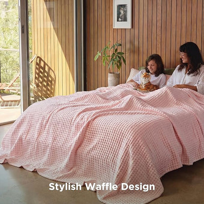 Bedsure Cooling Cotton Waffle King Size Blanket - Lightweight Breathable Blanket of Rayon Derived from Bamboo for Hot Sleepers, Luxury Throws for Bed, Couch and Sofa, Pink, 104x90 Inches