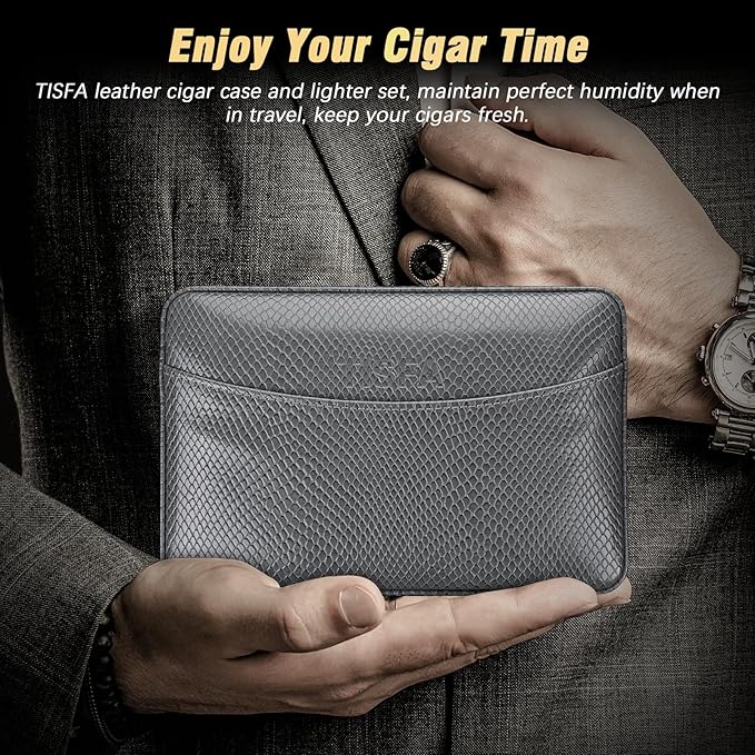 TISFA Cigar Humidor Case Leather Cedar Wood Lined Cigar Box with Cigar Lighter, V Cutter, Holder Stand 3 in 1, Hygrometer Humidifier 2 in 1, Travel Humidor Cigar Case Hold 6 Cigars (Textured Gray)