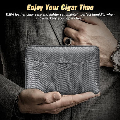 TISFA Cigar Humidor Case Leather Cedar Wood Lined Cigar Box with Cigar Lighter, V Cutter, Holder Stand 3 in 1, Hygrometer Humidifier 2 in 1, Travel Humidor Cigar Case Hold 6 Cigars (Textured Gray)